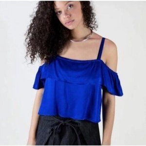 La Causa Neptune Cry Baby Tank Top Satin Royal Blue Ruffle Women's Large NWT